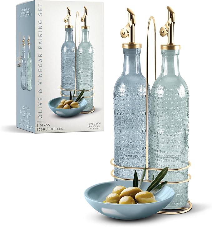 COOK WITH COLOR Glass Olive Oil Bottle Dispenser - 2 Pack- 17oz Oil and Vinegar Cruet - Olive Oil Carafe Decanter for Kitchen
