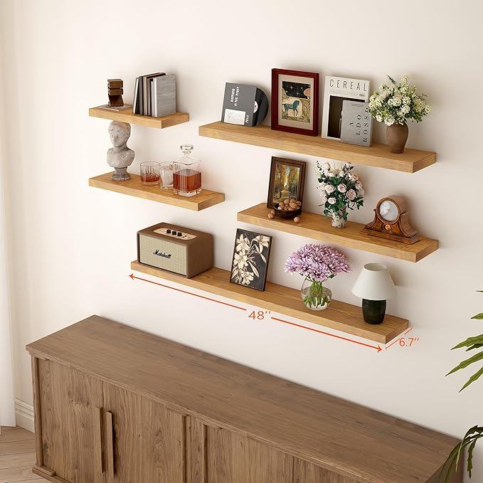 BGMG Wood Floating Shelves 48 inch Set of 2, Rustic Wooden Wall Mount Shelves for Living Room Bedroom Kitchen Farmhouse-48x6.7x1.25 inch- Gold Oak