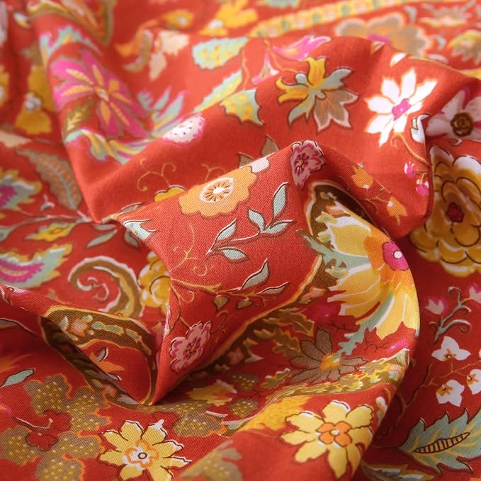 ABREEZE Paisley Bedding Sets 3Pcs Brushed Cotton Duvet Cover Set Queen Size Rustic Damask Red Floral Comforter Cover with Zipper Closure Boho Bedding Collections