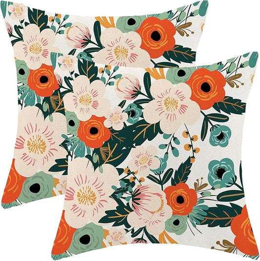 CXMEIFLY Spring Pillow Covers 18 x 18 Inch Set of 2 for Watercolor Flowers Decor Throw Pillows Pink Red Green Plant Floral Outdoor Decorative Cushion Cases for Couch Bed Decorations