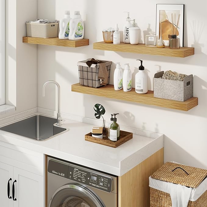 fuqing Floating Shelves for Wall, Bathroom Shelf Wall Mounted for Storage, Shelves with Invisible Bracket for Bedroom, Kitchen, Living Room, Farmhouse Small Book Shelf, 55 Inch Set of 2, Oak