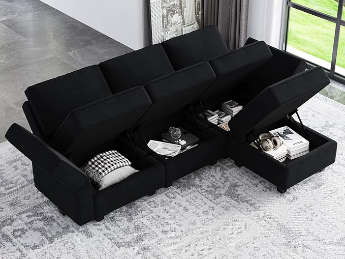 Belffin Modern L Shaped Velvet Sectional Sofa with Chaise, Black, Storage, Adjustable Arm/Backrest