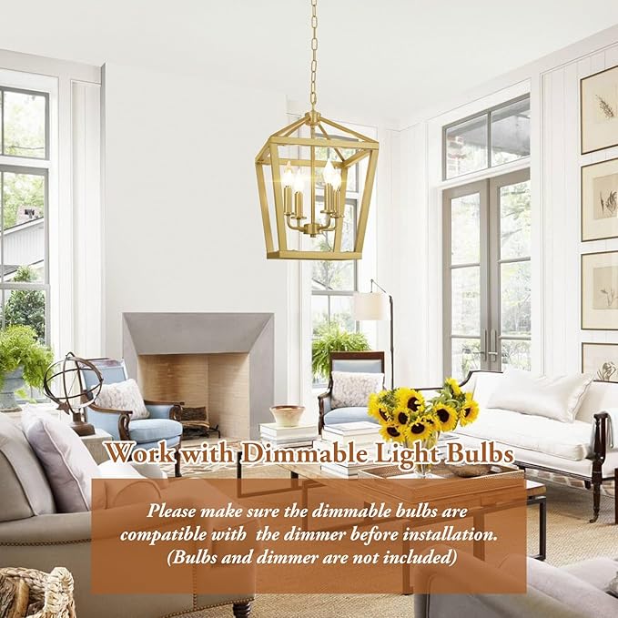 Gold Chandelier 4-Light, Farmhouse Pendant Light Fixture Adjustable Height, Modern Dining Room Light Fixture, Lantern Ceiling Hanging Lighting with Metal Cage for Kitchen Island Entryway Foyer