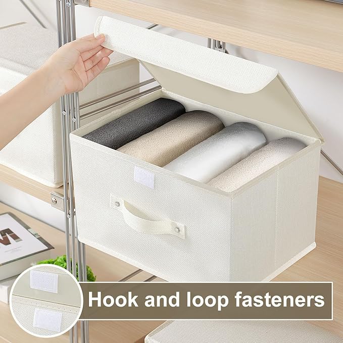 Storage Boxes, Collapsible Storage Bins with Lids, Cotton and linen cloth Storage Baskets with Handle, for Books, Closet, Bedroom, Home, 13x9.1x7.9 in, Beige