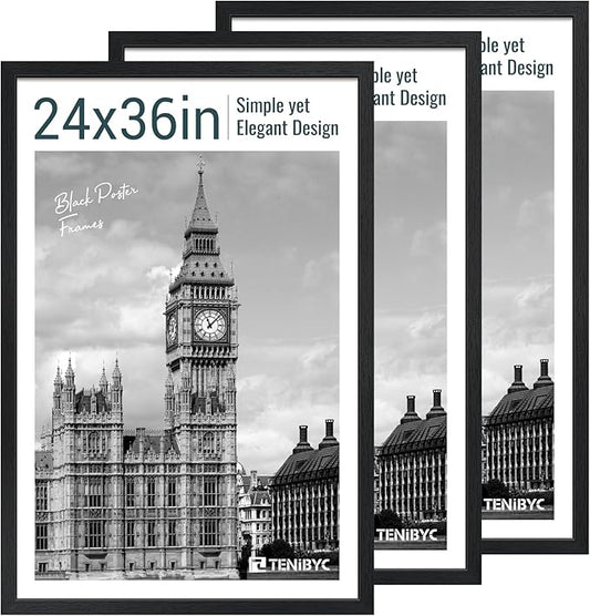 24x36 Poster Frame 3 Pack - Black Woodgrain, Solid Wood Picture Frame, Wall Gallery Frame - Wall Hanging