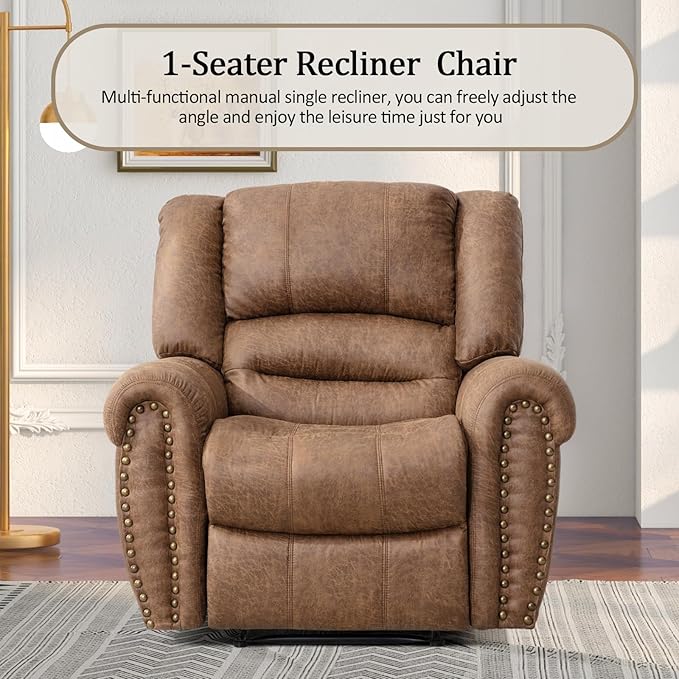 CANMOV Manual Reclining Sofa Set, Faux Leather Manual Recliner Sofa and Recliner Chair with Overstuffed Armrest for Living Room,Bedroom Furniture,Office,Nut Brown