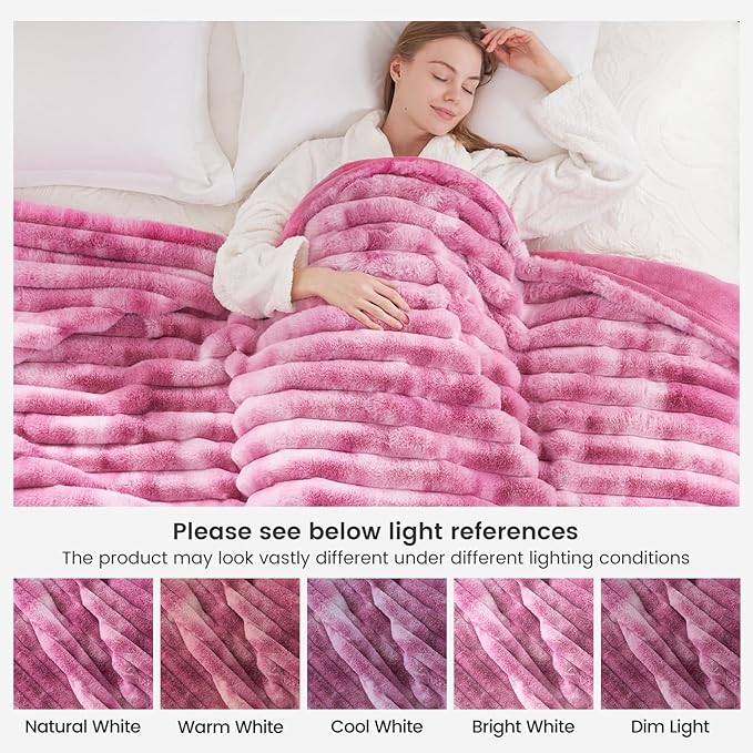 Cozy Bliss Faux Fur Throw Blanket for Couch, Cozy Warm Plush Striped Blanket for Sofa Bedroom Living Room,60 * 80 Inches Tie-dye Pink