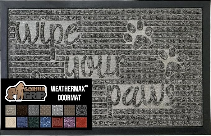 GORILLA GRIP 100% Waterproof All-Season WeatherMax Doormat, 47x35, US Designed Natural Rubber, Stain and Fade Resistant, Low Profile Indoor Outdoor Door Mats, Easy Clean Patio Mat, Stone Paws
