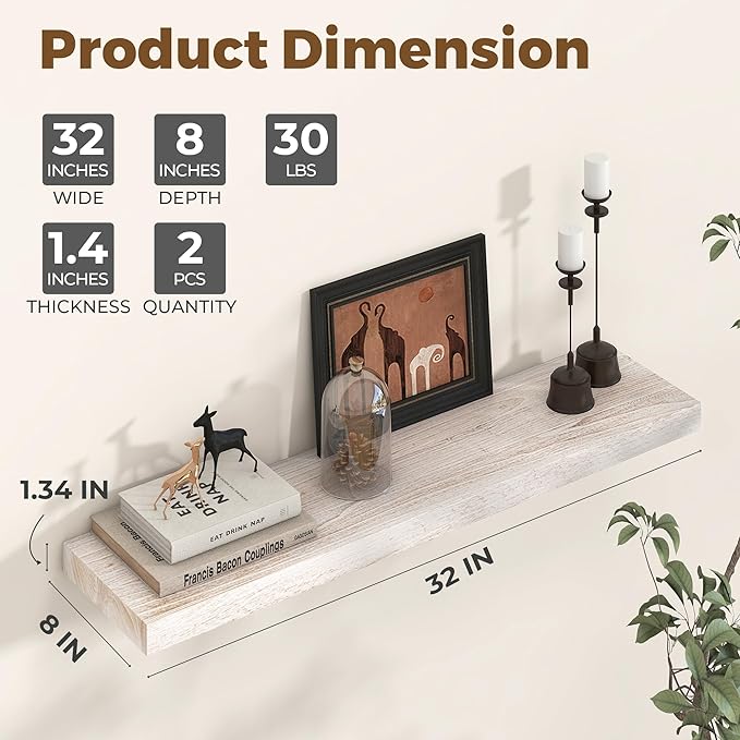 Axeman Floating Shelves for Wall - 32''W x 8'' D Rustic Solid Elm Wood Shelves for Storage, Wall Mounted Display Shelving with Invisible Heavy-Duty Metal Bracket (White Wash, 2PCs)