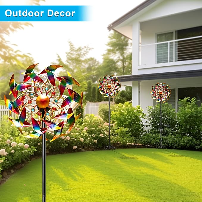 54'' Wind Spinners Outdoor Solar Garden Decor Light - Unique Gemstone Colorful Windmill, Durable Waterproof Design for Garden, Lawn, Patio