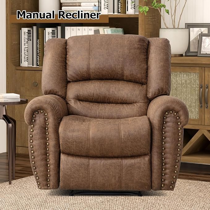 CANMOV Leather Recliner Chair, Classic Breathable Manual Recliner Chair with Comfortable Arm and Back Single Sofa for Living Room, Camel