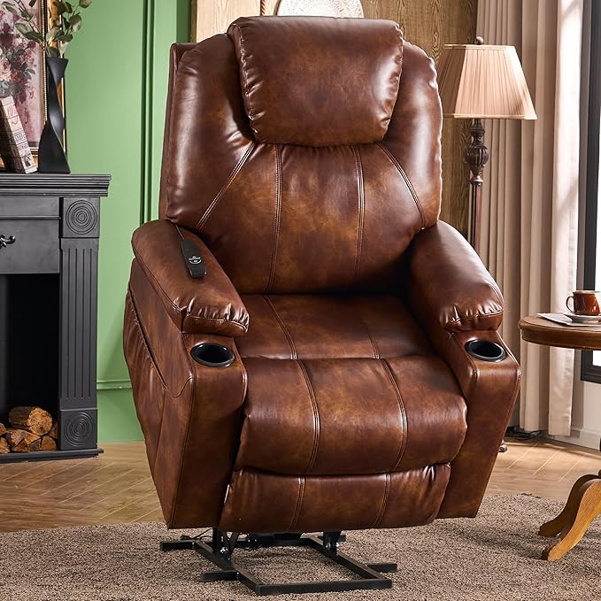 SALOHZA Power Lift Recliner Chair for Elderly with Massage and Heat for Living Room, Electric Recliner Chair for Adults with USB/Type C Port/Cup Holders, PU Faux Leather, Light Brown
