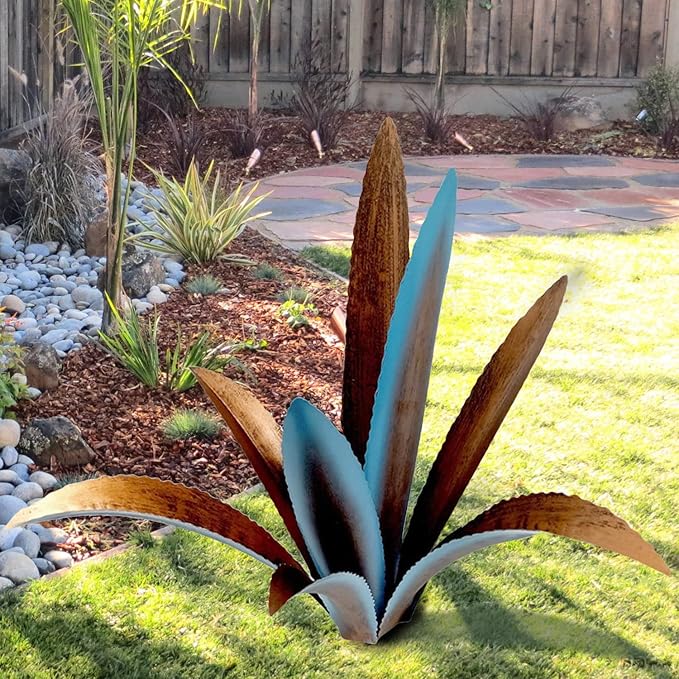 DIY Metal Agave Plant Art Yard Tequila Art Sculpture, Tequila Rustic Garden Sculpture Statue Outdoor Decor,Agave Metal Plants for Yard, Garden Lawn Ornaments (9 Leaves -Blue)