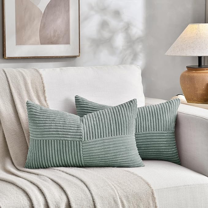 Fancy Homi 2 Packs Grey Blue Long Lumbar Decorative Throw Pillow Covers 12x24 Inch for Couch Bed Sofa, Rustic Farmhouse Boho Home Decor, Soft Striped Corduroy Rectangle Accent Cushion Case 30x60 cm