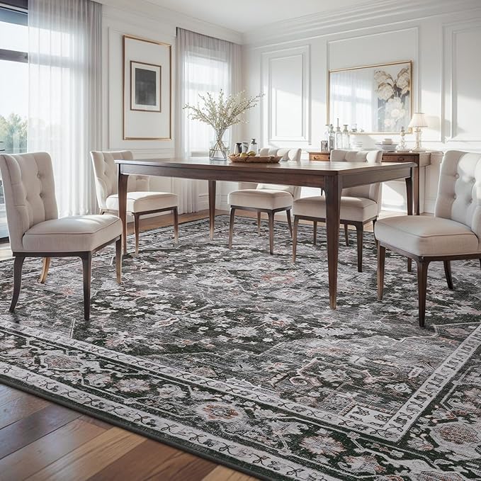 AMOAMI-Area Rug 6X9 Rugs for Living Room-Vintage Sof Dark Grey & Black Rugs for Bedroom-Non Slip Carpet-Machine Washable Rug for Dining Room Living Room Bedroom Office Under Table