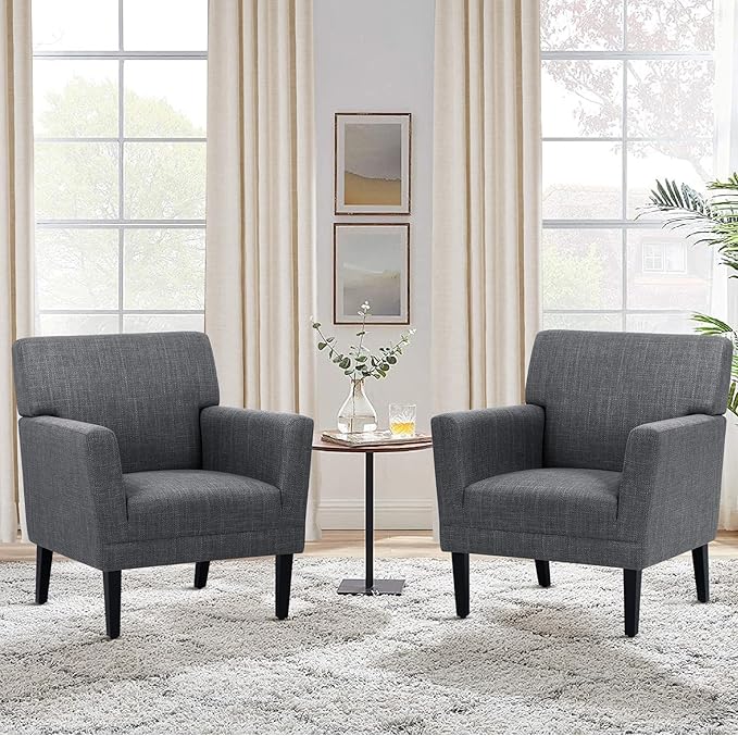 COLAMY Accent Chair Set of 2 for Living Room, Modern Upholstered Fabric Accent Armchair with Back, Soft Single Sofa Chair with Arms for Bedroom/Office/Reception Room, Dark Grey
