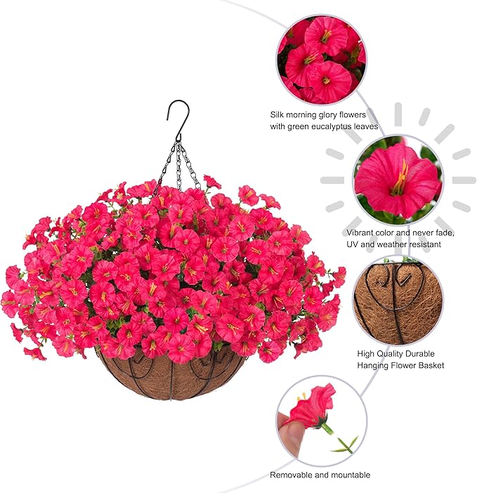 Artificial Faux Hanging Plants Flowers Basket for Outdoor Outside Spring Summer Decoration, Silk Morning Glory in Planter UV Resistant Look Real Fake Flower for Porch Patio Balcony Home Yard, Hot Pink