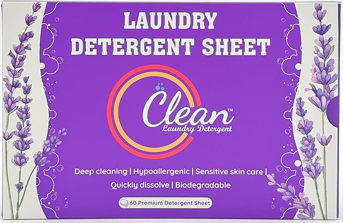 Clean Laundry Detergent™ – Hypoallergenic, Eco-Friendly, Plant-Based, Biodegradable, 100% Natural – Gentle on Skin & Fabrics, Lavender Scent, 60 Premium Laundry Detergent Sheet (Lavender)