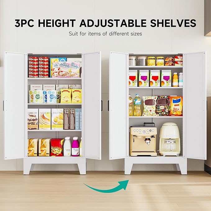 SISESOL Metal Storage Cabinet with 2 Doors and 3 Shelves,White Pantry Storage Cabinet with Legs,Farmhouse Pantry Cabinets Cupboard,Bathroom Cabinets for Home,Kitchen,Dining/Living Room (47.3" H)