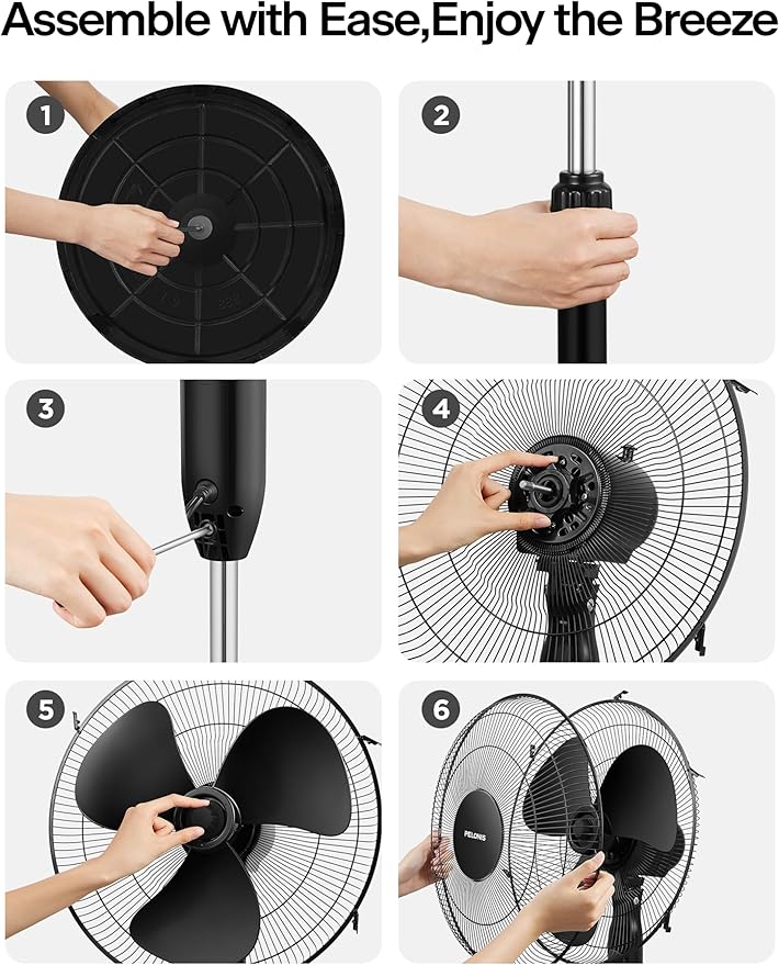 PELONIS 16'' Pedestal Fan for Bedoom, Remote, Standing Fan with 7-Hour Timer, 90° Oscillation, 3-Speeds, Adjustable Height, Electric Cooling Fans for Living Room and Office