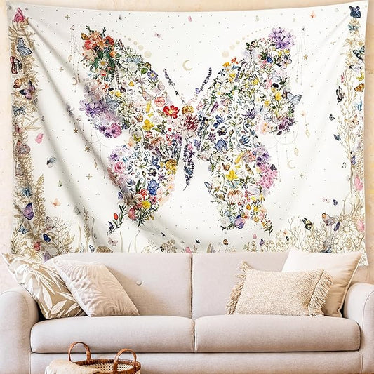 Damanse Butterfly Tapestry Wall Hanging Cute,Boho Wall Tapestry for Bedroom Aesthetic,Flower Living Room Decor for Teen Girls (White, 59.80" x 78.70")