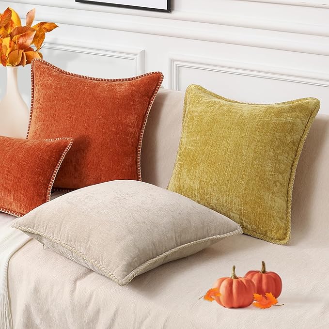 decorUhome Fall Chenille Soft Throw Pillow Covers 18x18 Set of 2, Farmhouse Velvet Neutral Decorative Euro Pillow Covers with Stitched Edge for Couch Sofa Bed Home Decor, Rust