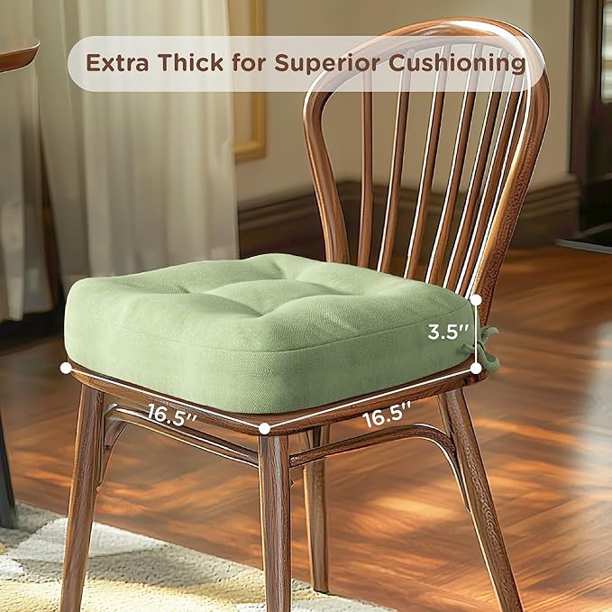 Codi Dining Chair Cushions 4 Pack, Thick Chairs Pads for Indoor Kitchen Room - Washable, Non-Slip Memory Foam Seat Cushion with Ties, 16.5"x16.5"x 3.5", Set of 4, Sage