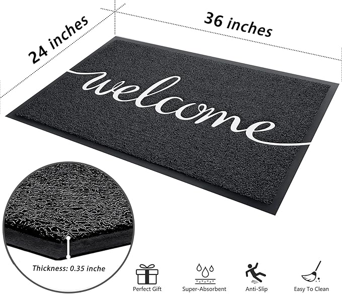 Front Door Mat - Non Slip, Durable Welcome Mat for High Traffic Areas (36"x24" Black)