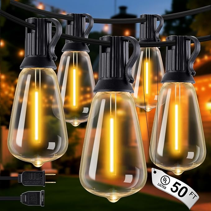 Outdoor String Lights - 50FT LED Patio Lights with 27 Shatterproof Waterproof Bulbs, Connectable Dimmable Edison IP65 ST38 Outside Lights for Garden, Balcony, Porch, Backyard, Deck, Home Decor