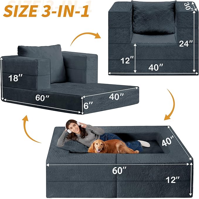 Folding Bean Bag Chair for Adults,3-in-1 Bean Bag Couch Faux Fur Floor Sofa Large Beanbag Convertible Bean Bag Sofa Bed with Pillow in Bedroom,Living Room,Apartment(Twin,Dark Grey)