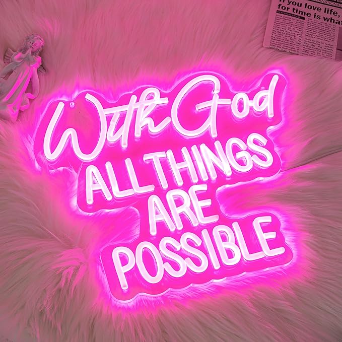 "With God All Things Are Possible" Neon Sign God Neon Light for Wall Decor Letter LED Neon Sign Pink LED Neon Light Dimmable Neon Signs for Bedroom Wedding Church Decoration