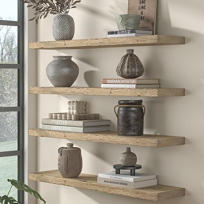 Fun Memories Floating Shelves for Wall Decor, 40"x8" Rustic Reclaimed Wood Shelves, Heavy-Duty Wall Mounted Shelves with Invisible Brackets, Set of 2for Living Room, Bedroom, Kitchen, Natural Finish