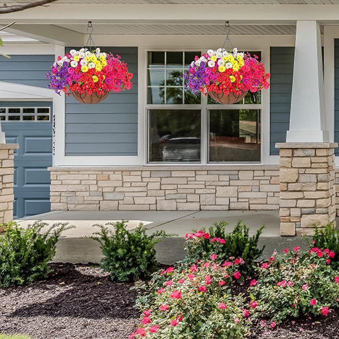 Artificial Faux Hanging Flowers Plants Basket for Outdoors, Silk Morning Glory with Eucalyptus in Planter Look Real UV Resistant Fake Flowers for Porch Outside Patio Balcony Yard Indoor Summer Decor