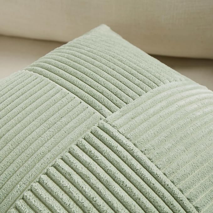 Fancy Homi 2 Packs Sage Green Euro Decorative Throw Pillow Covers 28x28 Inch for Bedroom Couch Bed, Farmhouse Boho Home Decor, Soft Corss Corduroy Patchwork Textured Square Cushion Case 71x71 cm