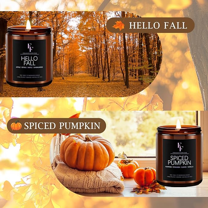 Fall Candles Set, 4 Pack Candles for Home Scented Natural Soy Wax, Autumn Gifts Set for Women Men, Fall Fragrance of Spice/Vanilla Cupcake/Apple Wreath/Hello Fall