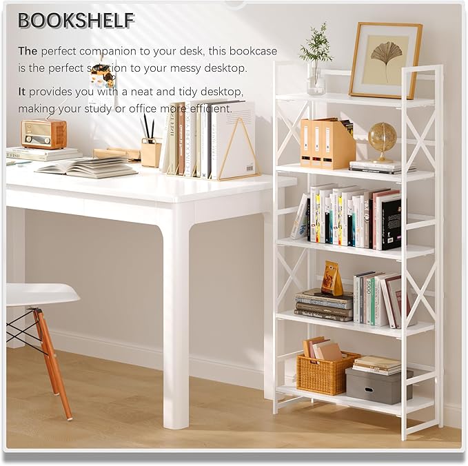 4NM 5 Tiers No Assembly Book Shelves, 51.2" H Folding Bookshelf Bookcase Open Industrial Foldable Shelves for Bedroom, Living Room, Home Office - All White
