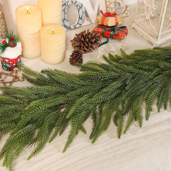 6FT Christmas Norfolk Pine Garland -2PCS, Artificial Pine Needles Garlands Faux Greenery Fake Garland for Holiday Fireplace,Table,Window,Stairs,Mante,Indoor Outdoor Decor