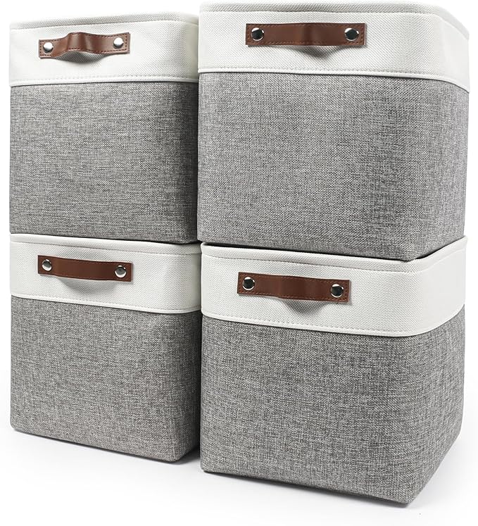 Collapsible Fabric Storage Cubes 11x11 Cube Storage Bins, 4 Pack Closet Baskets Box with Handles for Organizing, Shelf, Toys, Clothes, Home, Office, Nursery (Grey&White)