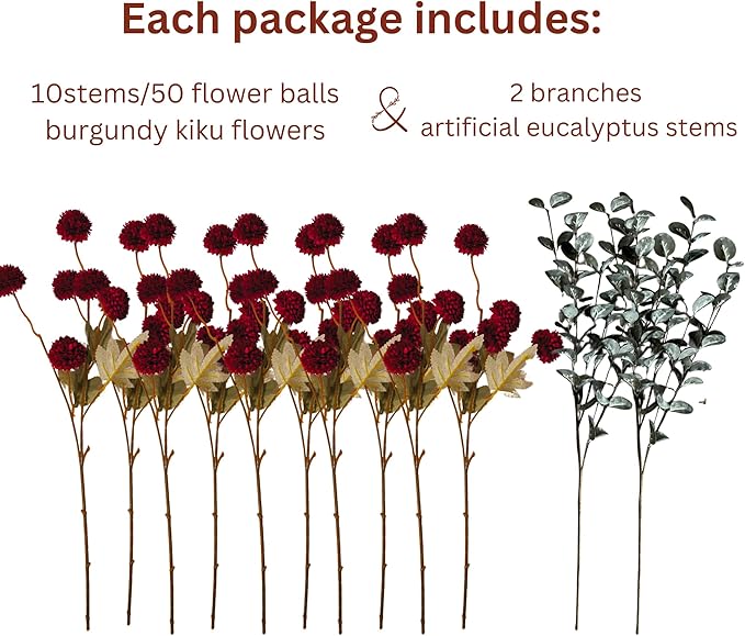 Burgundy Flowers, Maroon Artificial 10 Long Stems + Eucalyptus, Wine Colored Silk Flowers for Burgundy Decor, Fall Table Centerpieces, Dark Red Faux Mums, Thanksgiving Centerpieces For Tables