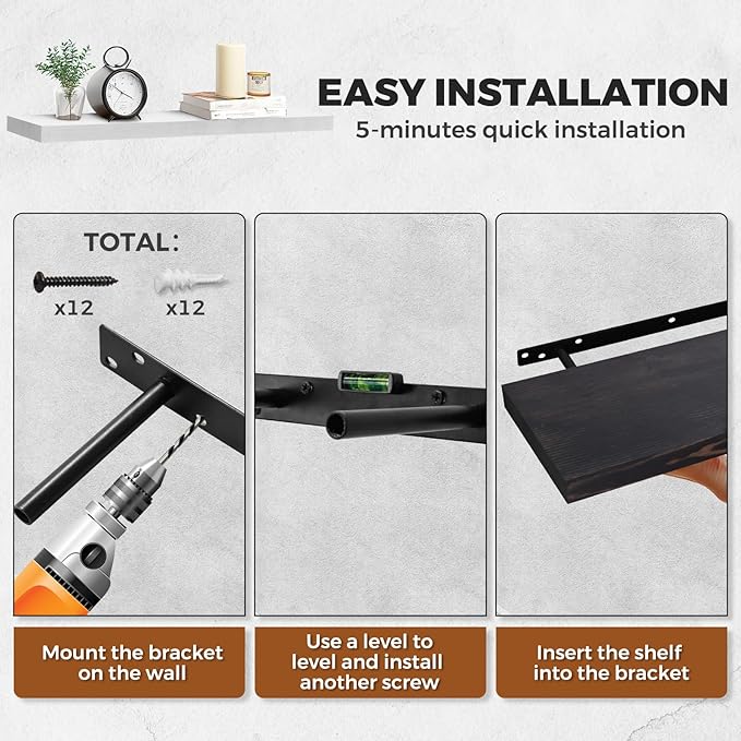 Floating Wall Shelves - 16"x6.8"x1.2" Sturdy Rustic Black Solid Wood Shelves for Storage and Décor, Easy Installation for Living Room, Bedroom, and Kitchen - 2 Pack