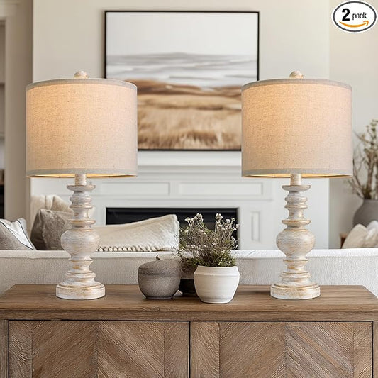 BOBOMOMO 20" Retro Table Lamps Set of 2 - Farmhouse Lamp for Living Room with Linen Shades, Rustic Bedside Nightstand Lamps, Resin Lamps for Bedroom Nursery Room Hallway - Ideal for Compact Spaces