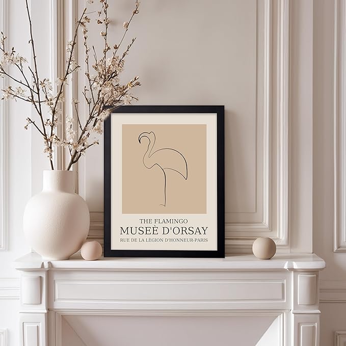 Poster Master Vintage Poster - Retro Minimalist Print - Gift for Artist, Housewarming - Flamingo, Line Drawing, Sketch, Abstract - Wall Decor for Living Room, Bedroom, 11x14 Black Framed