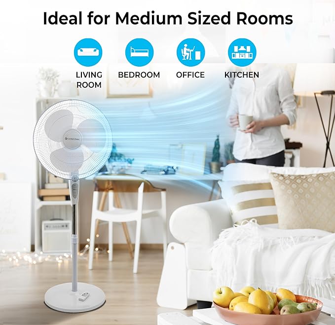 Comfort Zone 18-Inch Oscillating Pedestal Fan with Remote Control, 3-Speed Standing Fan with Adjustable Height (45–52”), Tilt, 4-Hour Timer & Auto Shutoff – Quiet Bedroom Fan, White