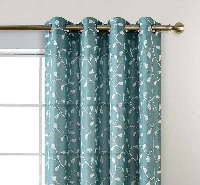 MIUCO Floral Embroidered Semi-Sheer Curtains Faux Linen Grommet Curtains for Living Room 52 x 84 Inch 2 Panels Set, Teal