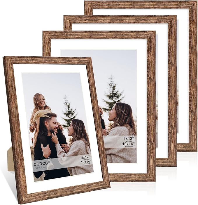10x14 Picture Frame Set of 4, 10 x 14 Wood Photo Frames with Mat for 8x12 or 30x40cm Diamond Painting Art, Wooden Frame with Real Glass Cover for Wall and Tabletop Display,Rustic Brown
