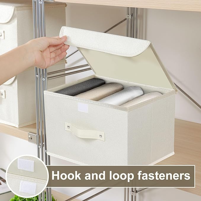 Fabric Storage Bins Cube Organizers with Flip-Top Lid and Handles,Storage Boxes for Organizing Home,Office,and Closet,Beige,3 Pack 10.2 X 7.9 X 6.7 in