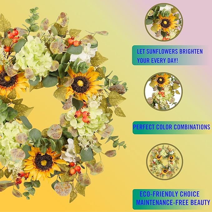 20IN Sunflower Wreath for Front Door Summer Hydrangea Wreath with Eucalyptus Leaves Orange Berries Farmhouse Door Decor for Easter, Mother’s Day, Indoor Outdoor Seasonal Wall Hanging