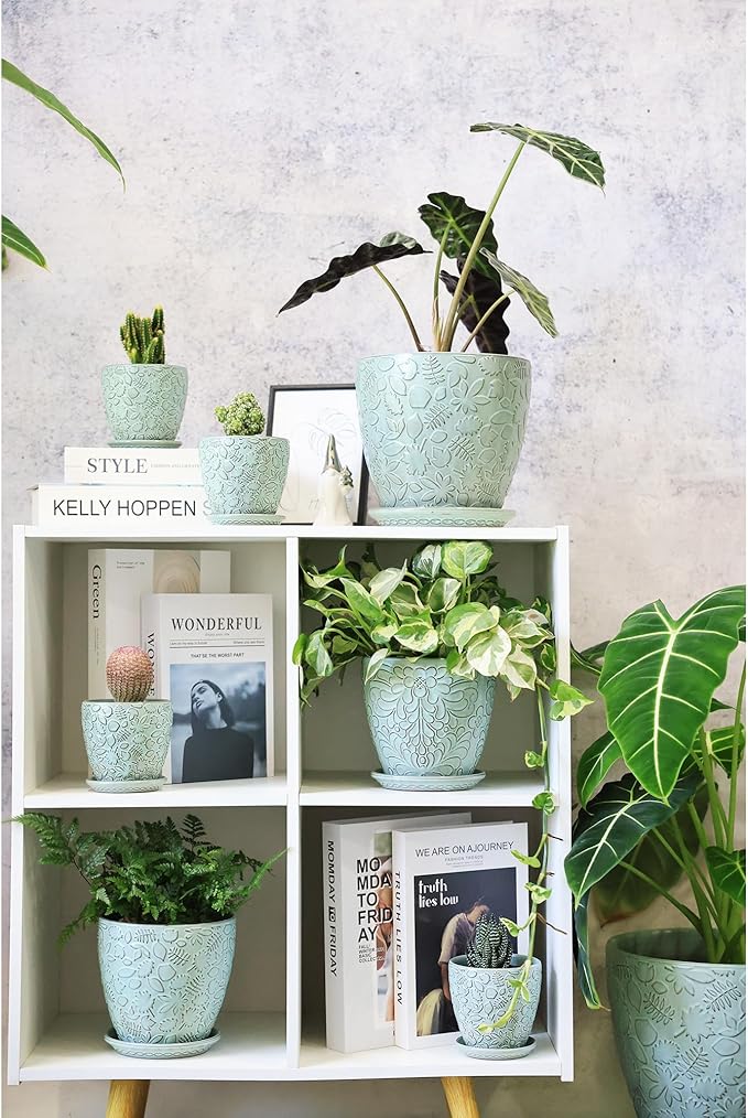 8 Inch + 6 Inch Plant Pots for Indoor Plants, Ceramic Planter with Drainage Hole and Saucers, Garden Pots for Succulent, Orchid, and Flower, Set of 2