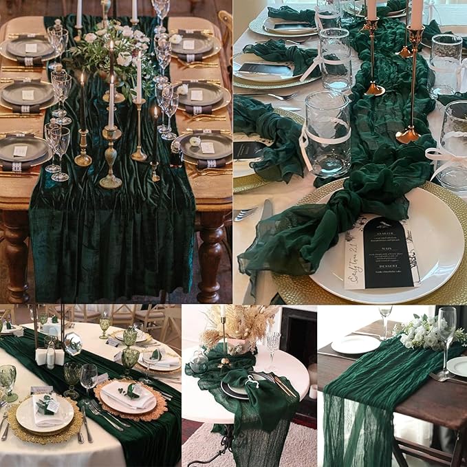 Emerald Green 12 Pack Cheesecloth Table Runner 10FT Boho Fabric Rustic Cheese Cloth Table Runner for Wedding 20 x 120 Inch Long Bridal Shower Baby Shower Gauze Sheer Birthday Party Table Decorations
