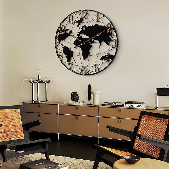 Extra Large World Map Wall Clock - 40 Inch Minimalist Modern Round Metal Silent Non-Ticking Battery Operated for Living Room Office Farmhouse Home Decor